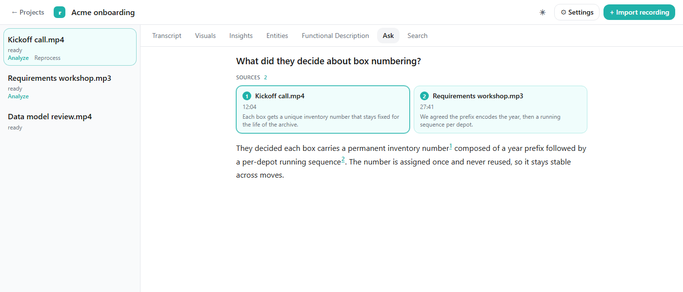 recstrip answering a question about a meeting, with numbered source cards citing the exact transcript moments